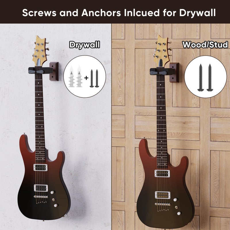 Ueteto Guitar Wall Mount Hanger  Hard Wood Base Guitar Hook Auto Locking for Acoustic  Classical  Electric  Bass Guitars  Ukuleles  2 Pack. - Image 3